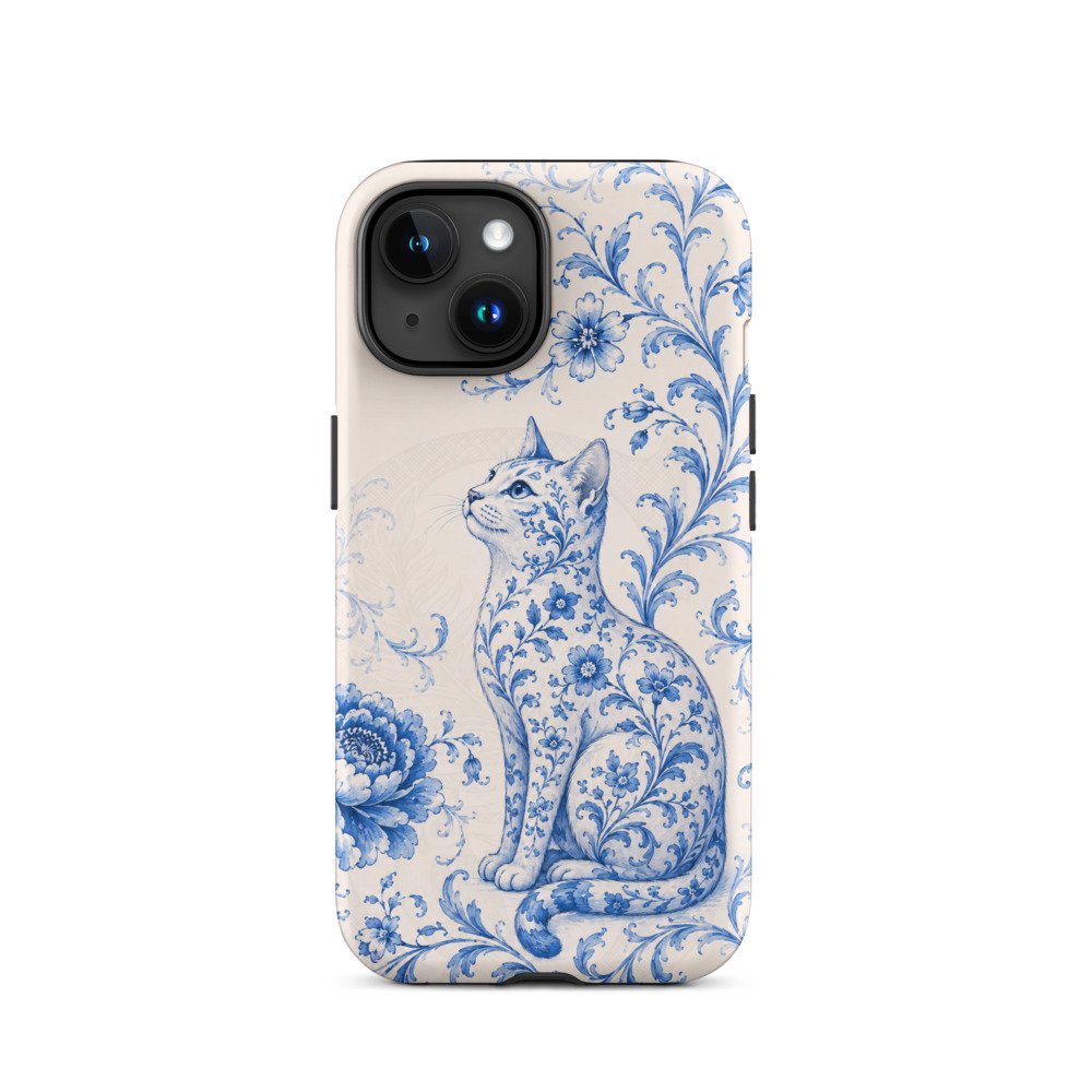Blue Floral Cat Porcelain Rugged Phone Case for iPhone 15