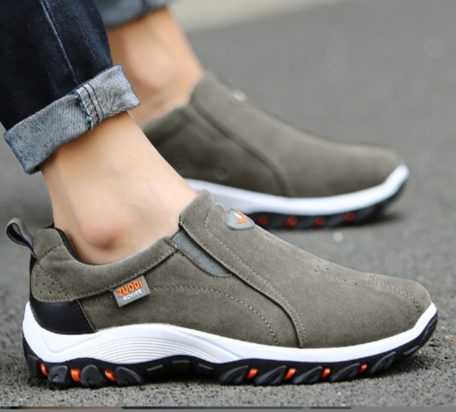 Mepaouo Mens Hiking Shoes Suede Leather Slip On Sneakers Arch Support Breathable Running Shoes