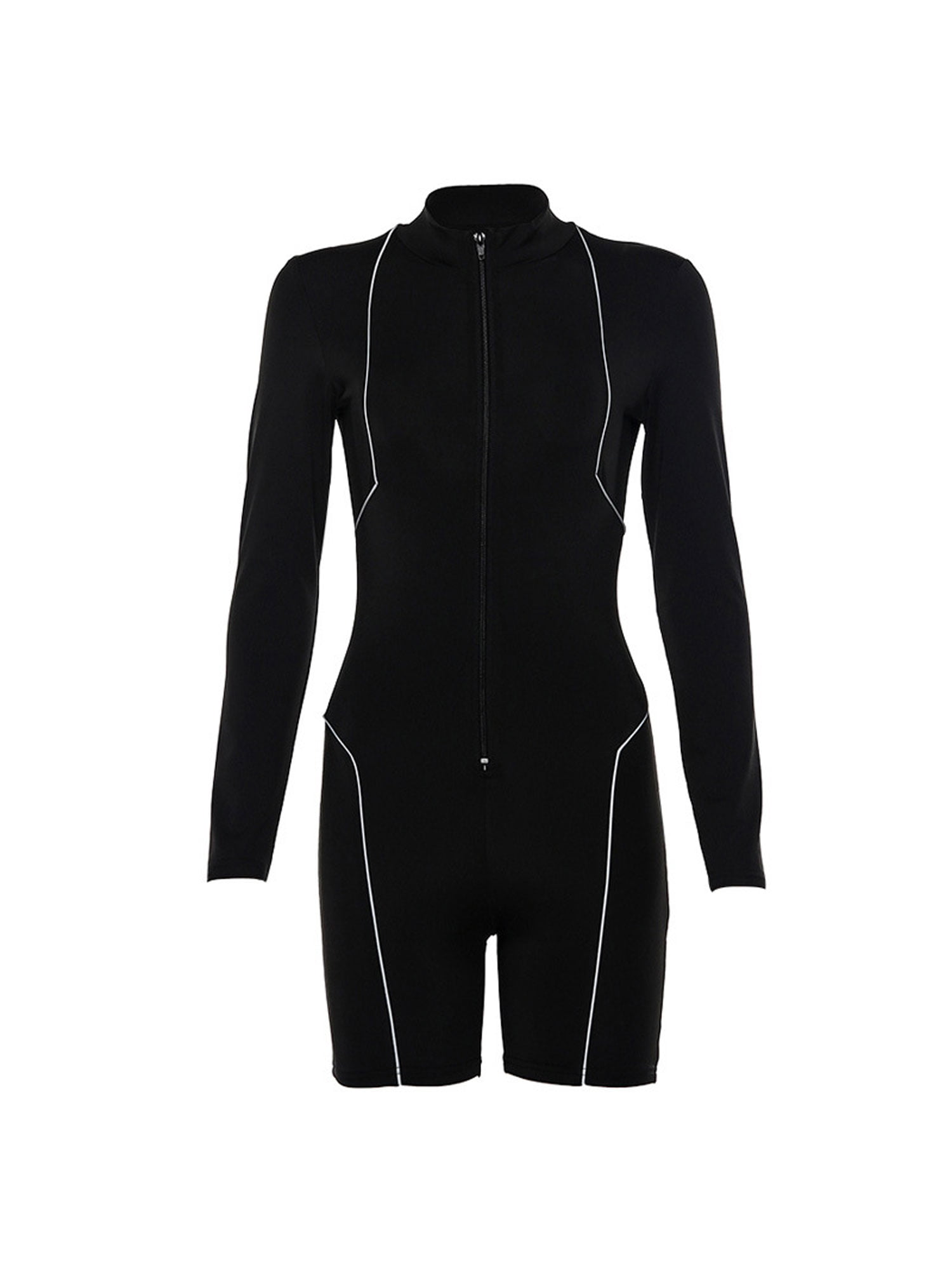Woman Long Sleeve Bodysuit reflective Stripes Patchwork Front Zipper Jumpsuit