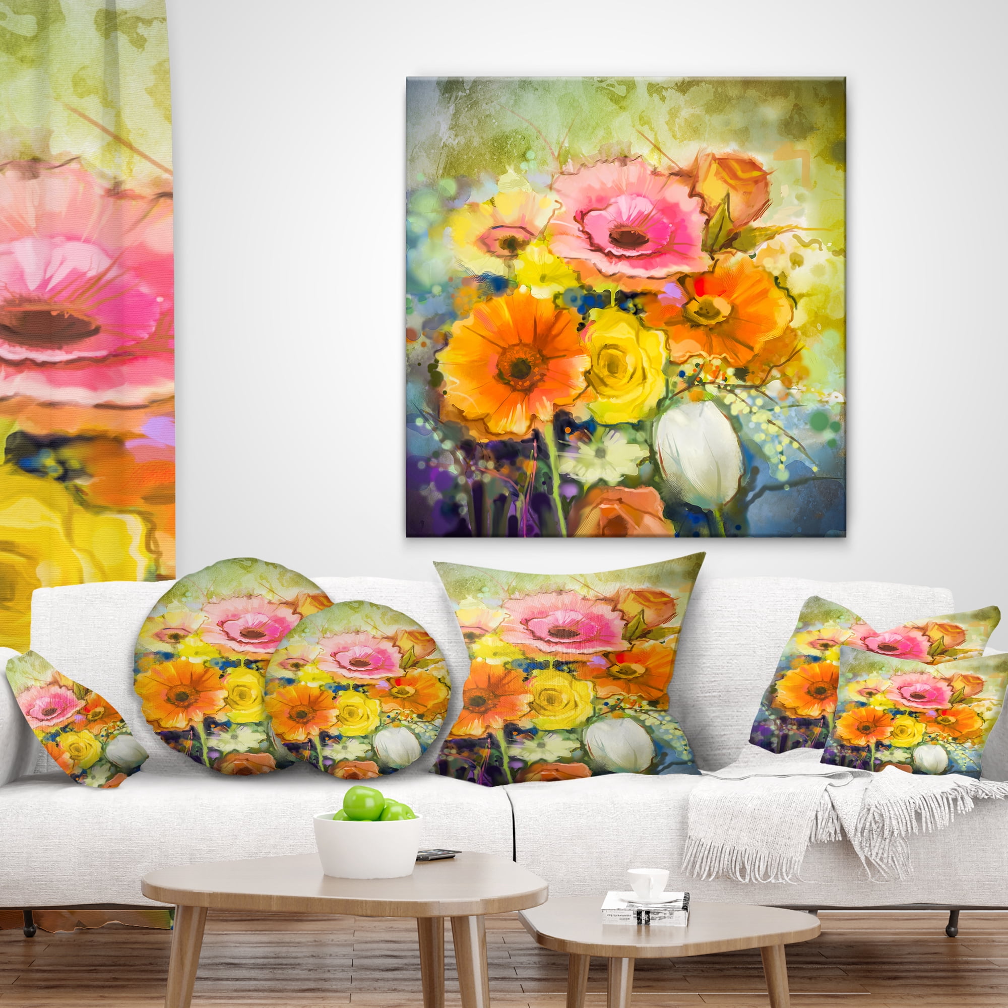 Designart White Gerbera Red Rose and Tulips - Floral Throw Pillow - 16x16