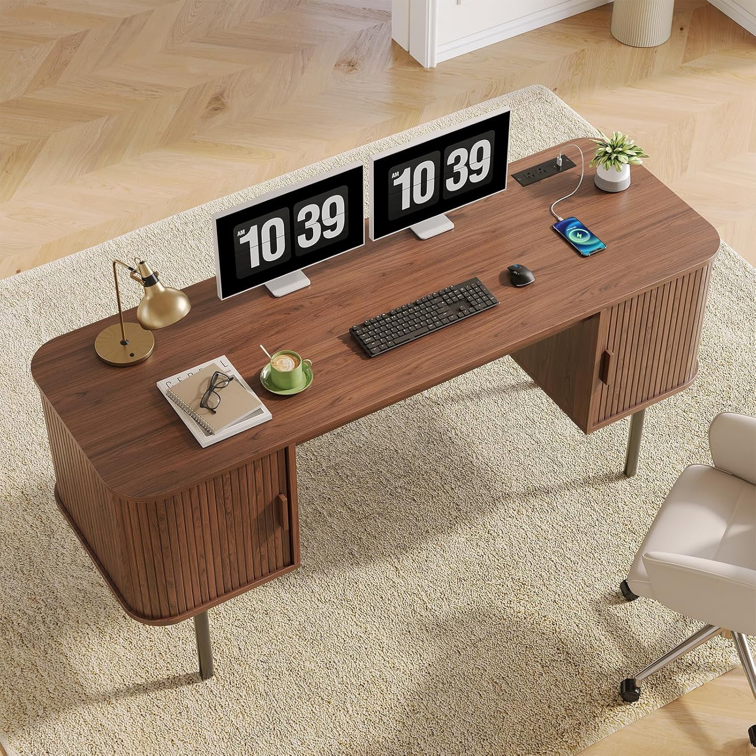 ONBRILL 63 Inch Fluted Computer Desk with Charging Station, Mid Century Executive Desk with 2 Storage Cabinets, Modern Home Office Large Desk with Metal Legs for Working, Studying, Writing, Walnut