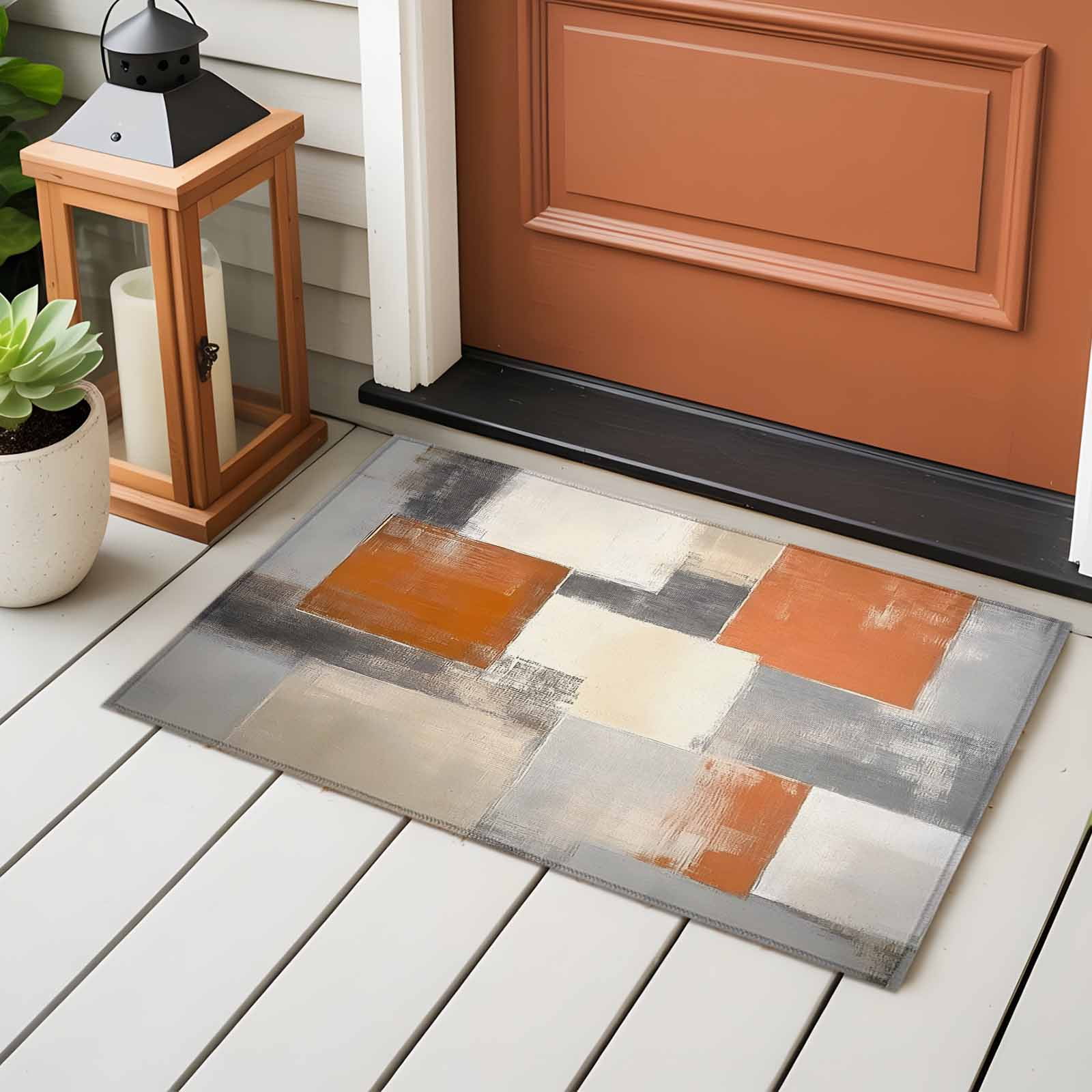 Burnt Orange Grey Area Rugs 2x3 for Living Room, Oil Painting Modern Abstract Art Non Slip Washable Rug Runner, Low Pile Indoor Floor Carpet Mat Bathroom Rugs for Bedroom, Kids Room