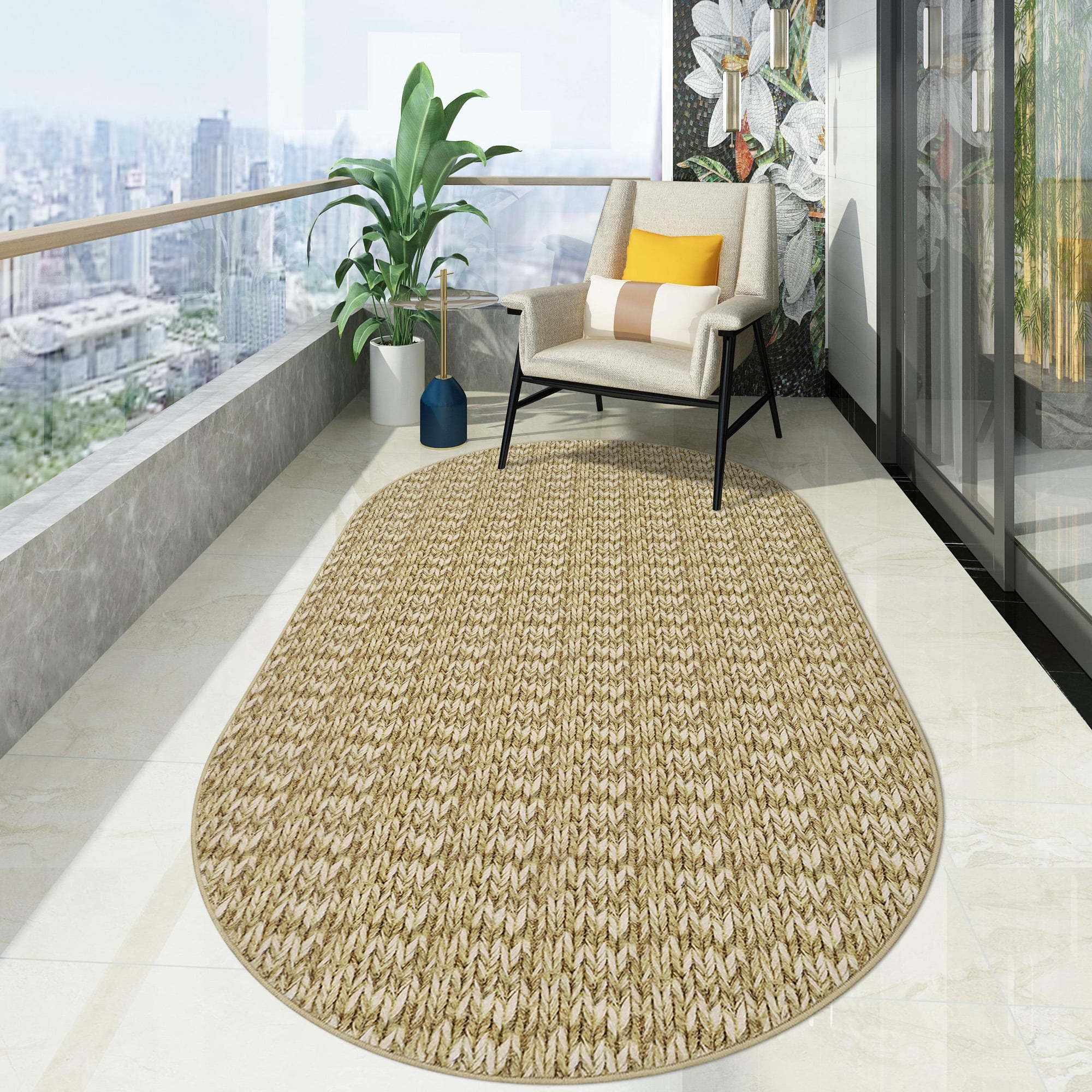 Garvee 3'x5' Oval Area Rug Modern Braided Print Rug Machine Washable Bedroom Rug Non Slip Non Shedding Accent Rug for Entryway, Camel