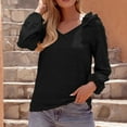 thumbnail image 2 of Womens Chiffon Blouses Long Sleeve V Neck Tops Dressy Casual Loose Pom Pom Shirts Ruffle Trim Shoulder Tshirts Top, 2 of 5