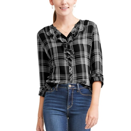 Ruffle Neck Wrap - Women's Ruffle Neck Plaid Top