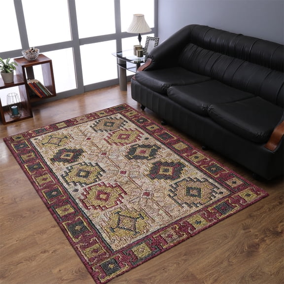 Rugsotic Carpets Hand Knotted Sumak Jute Eco-Friendly 3'x5' Area Rugs Rectangle Beige Red Oriental High Pile Natural Fiber Outdoor Indoor Handmade Rug for Living Room, Bedroom J00017