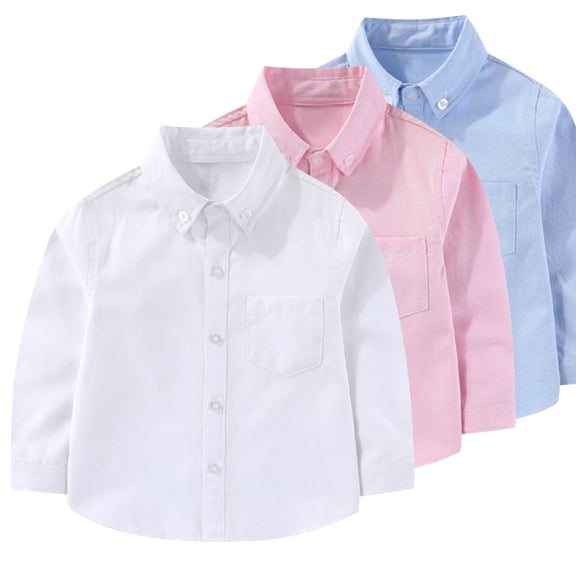 Teyfeniy Dress Shirts for Toddlers Boys Long Sleeve Button Down Tops with Pocket and Buttoned Cuff Casual Solid Color Blouses, for 2-15 Years