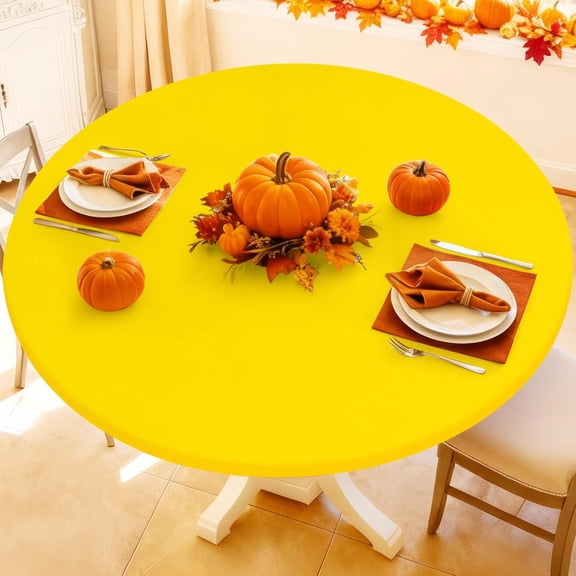 Round Spandex Tablecloth, Elastic Fitted Waterproof Tablecloths for 36"-44" Tables, Stretch Washable Picnic Table Cover for Camping, Dining, Indoor and Outdoor, Yellow
