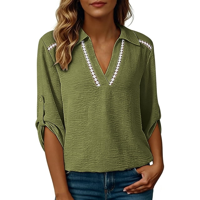 Camisetas de Cuello en V de Manga Larga para Mujeres Blusas Casuales Vestidas con Cuello de Encaje Hueco