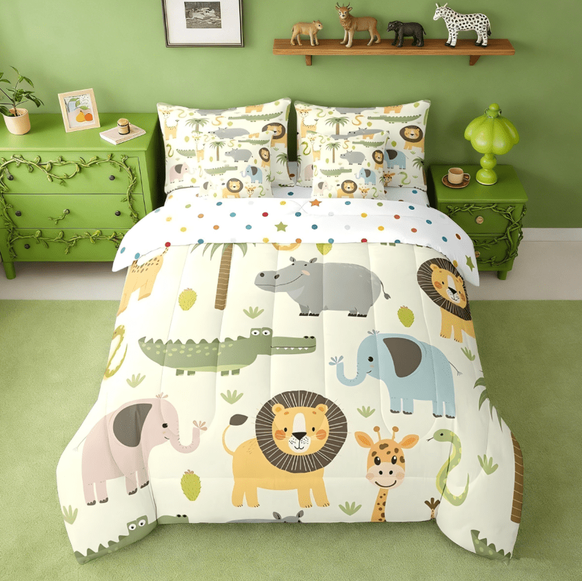 Manfei Nature Wildlife Zoo Animal Theme 7 Pieces Bedding Comforter Set,Cartoon Lion Giraffe Crocodile Full Bedding Set Reversible