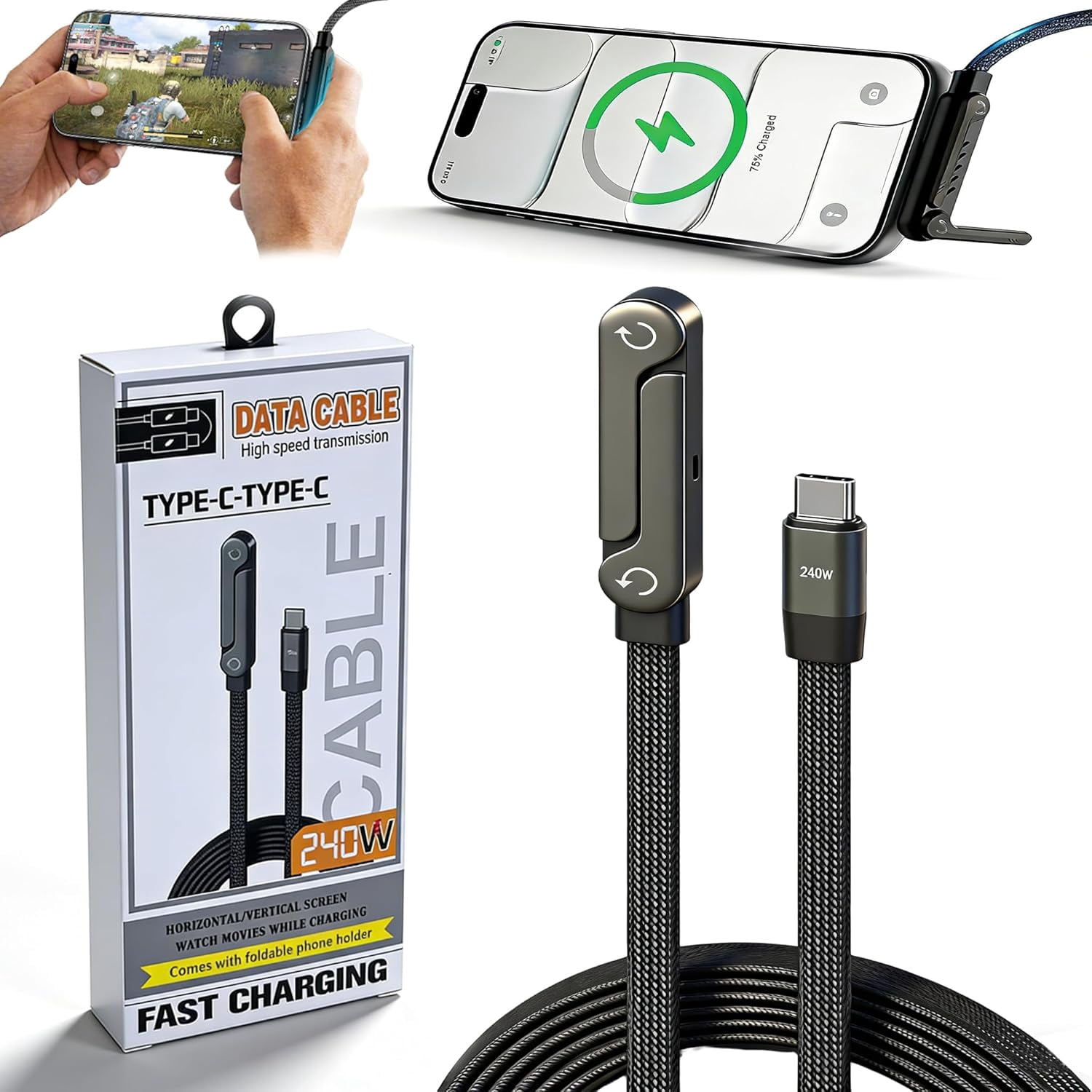 MHSIOAP-240W Invisible Holder Charger Cable, for iPhone 17 16 15 Series, Samsung Galaxy S25 S24 Ultra Etc, 5FT 2 in 1 Invisible Holder Charger Cable with Stand for Desk