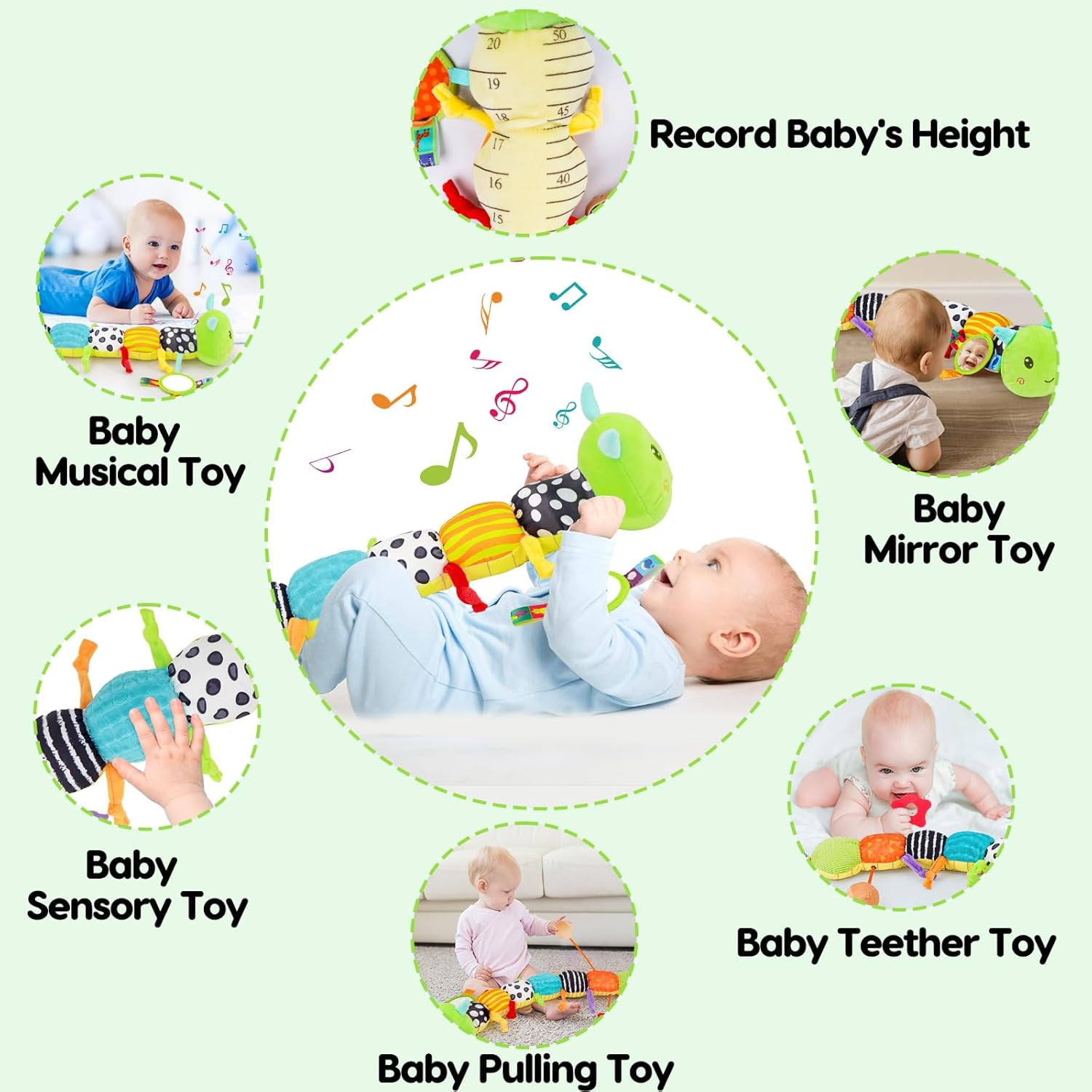 Baby Boy Toys 0-6 Months,Infant Musical Caterpillar Toys Stuffed Animals with Ruler Design,Mirror,Pull String&Ring Bell,Baby Boy Toys 6 to 12 Months,Infant 3 4 5 7 8 9 Months Old Baby Toys