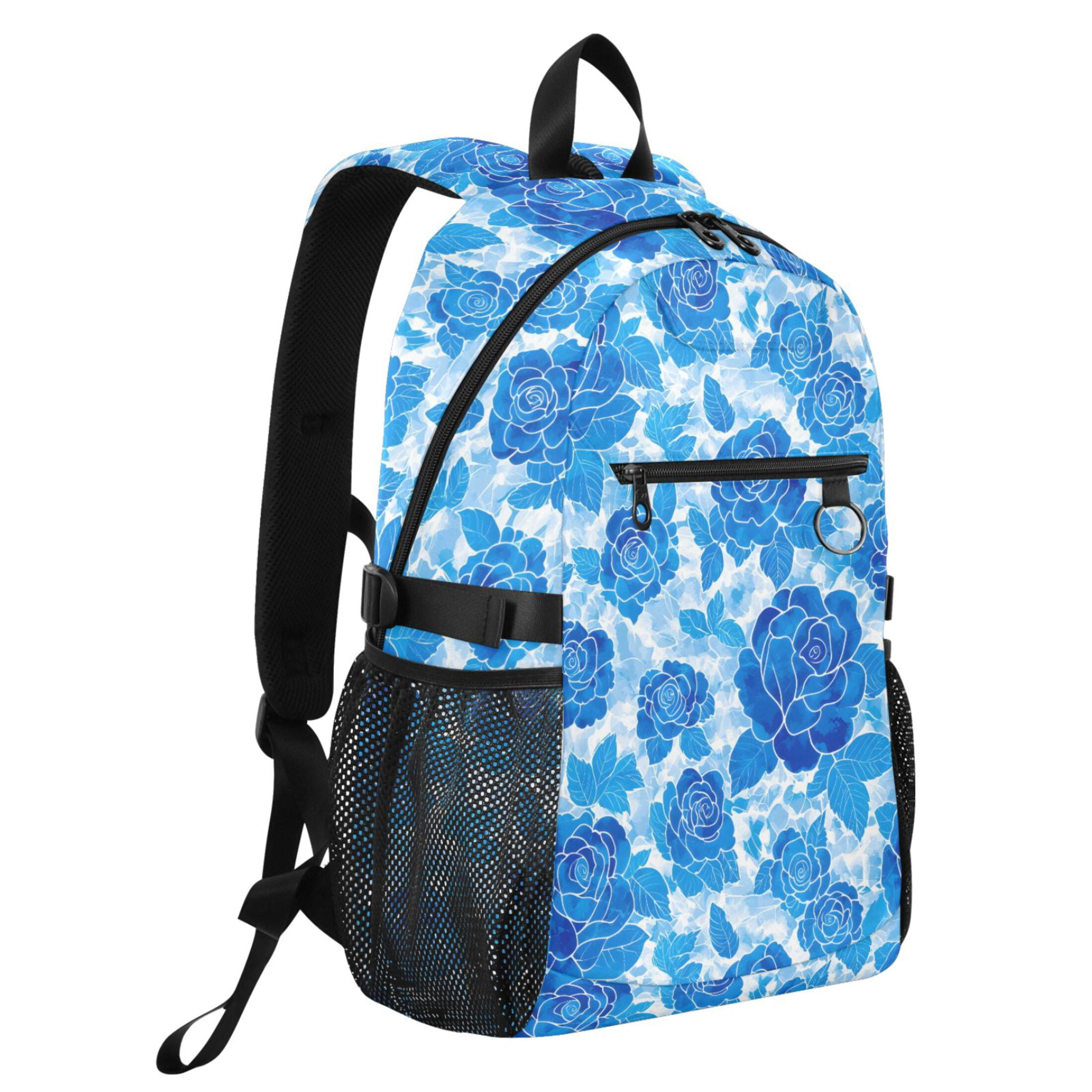 JIALIOU 14" Laptop Backpack Waterproof Airline Approved Stylish Casual Daypack for Travel Business College Work, Blue Watercolor Roses