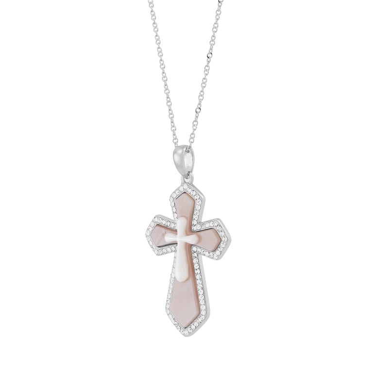 Pendentif Croix En Argent Avec Nacre - Jésus Christ - 10 X 4,5 Cm - Argent Massif