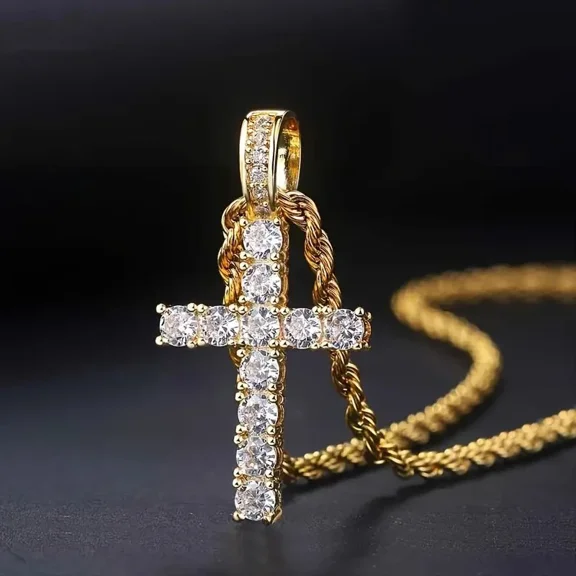 Twisted Chain Long 14K Yellow Gold Necklace for Women/Men Fashion Luxury Cubic Zirconia Cross Pendant Necklace Gift Love Accessories