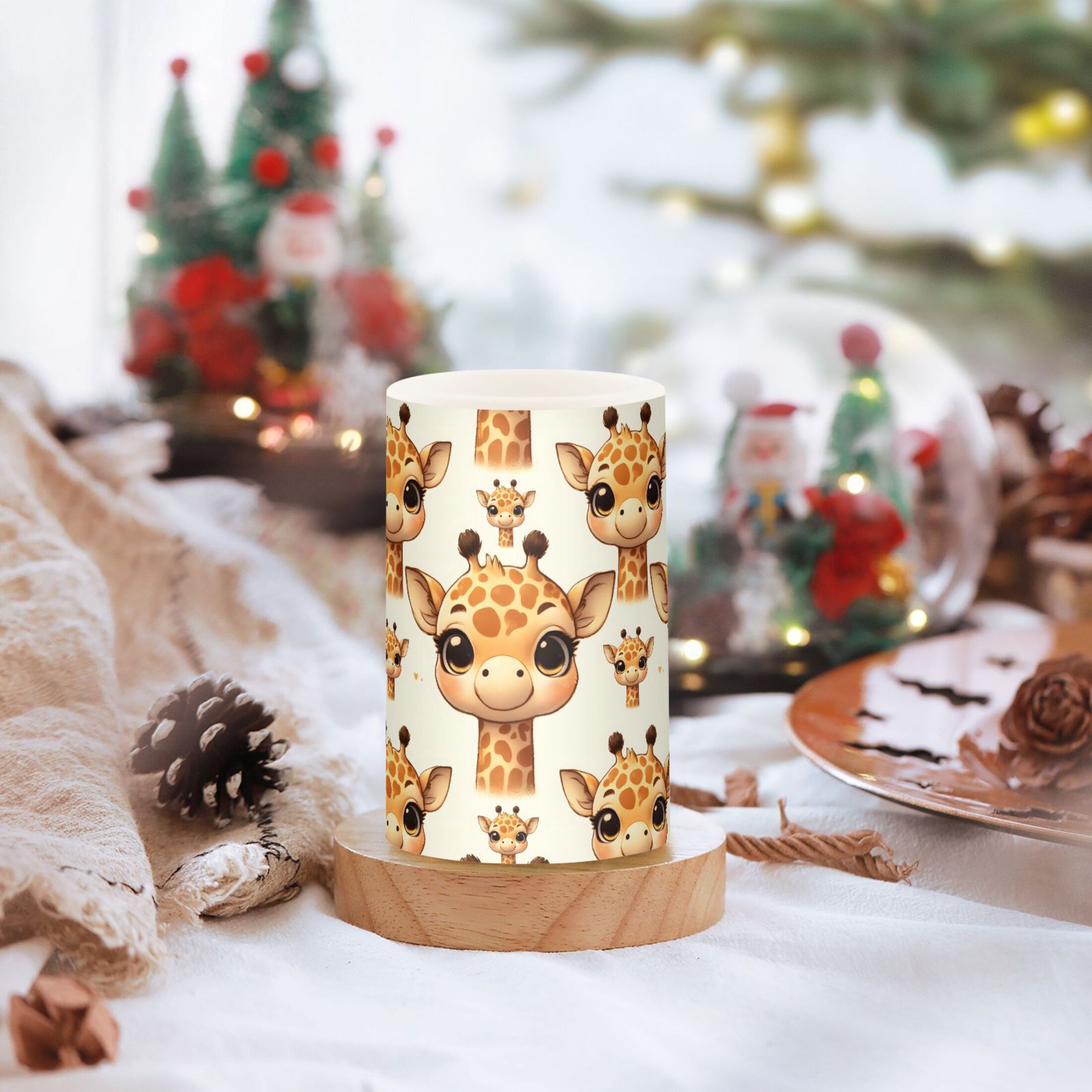 Cute Baby Giraffe Head Flickering Flameless LED Candles set of 2 Battery Operated 18-Key Remotes Timer Halloween Fall Decor D3''xH4''5''