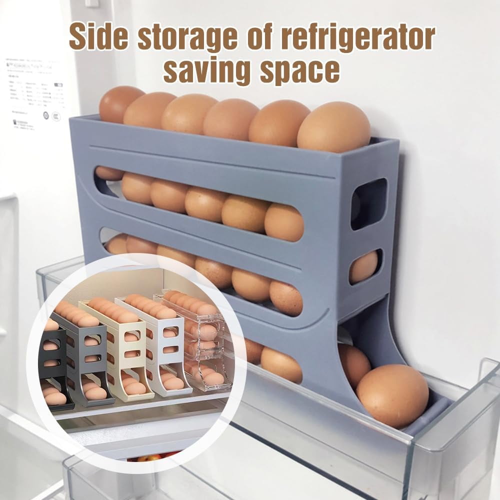 4 Tiers Egg Holder for Fridge, Automatic Scrolling Egg Rack Holder, Space-Saving Egg Dispenser Auto Rolling, Large Capacity Eggs Organizer Storage 30 Egg for Fridge, Kitchen (Transparent)