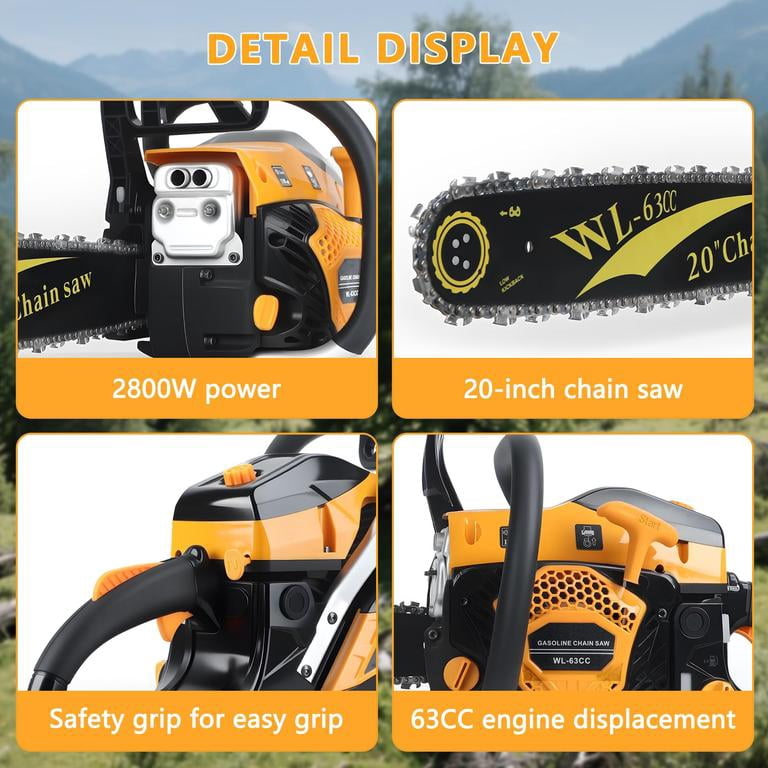 Mohsoe Gas Chainsaw 63cc 2-Stroke 3.75HP, 20 Inch Cordless Chain Saw with High Torque Motor 8500 RPM, Ergonomic Anti-Vibration Handle, Auto Lubrication, 2800W Power for Garden Farm