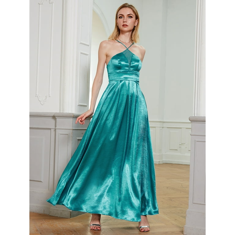Angel-fashions Women's Spaghetti Strap Halter Neck Illusion Lace Up Flowy  A-Line Hem Satin Long Dress Sleeveless Open Back Formal Evening Party Gown  Beach Vacation Dresses - Walmart.com