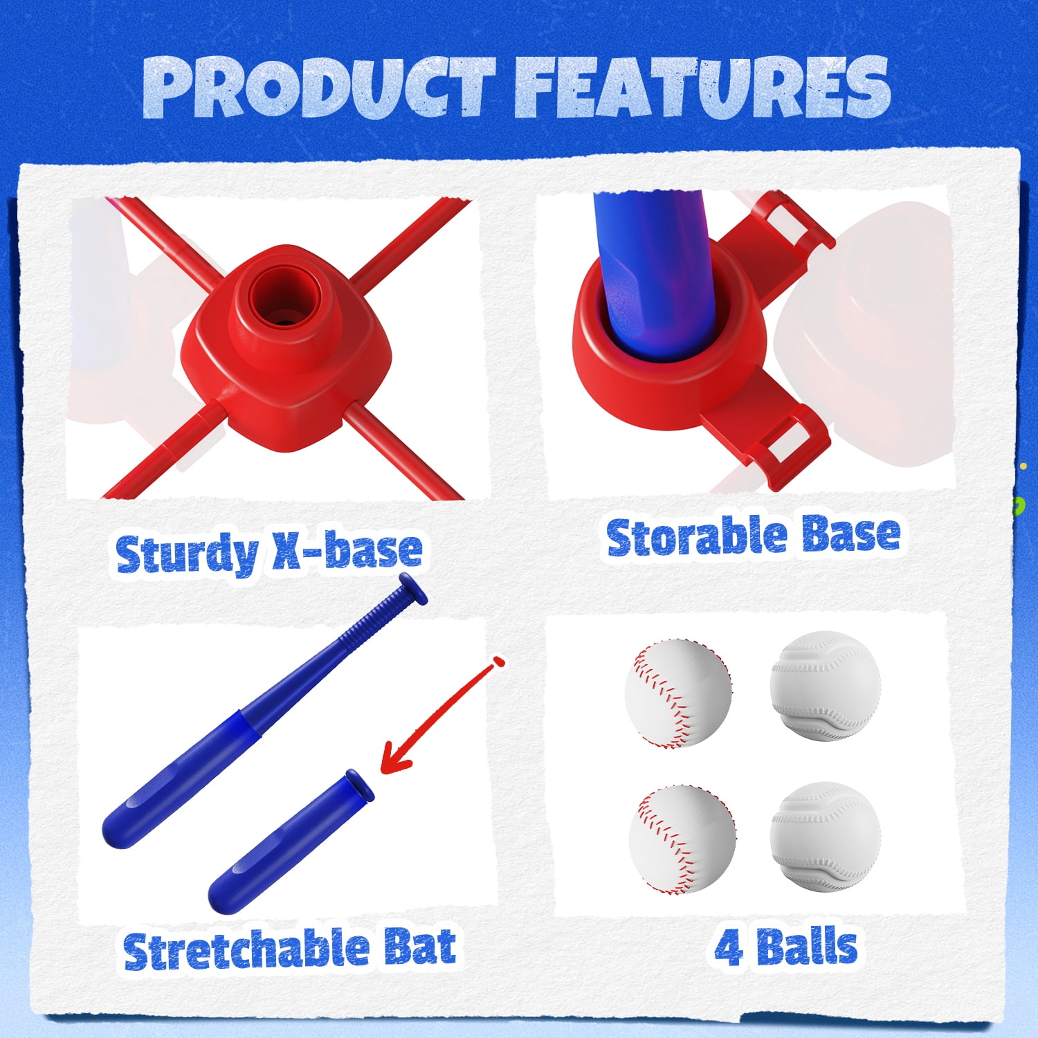 JoyStone 3-in-1 Baseball Set for Kids, Tee Ball Stand, Hanging Tee, Ball Launcher and 4 Softballs - Adjustable Height Baseball, Indoor/Outdoor Sports Gifts for Boys
