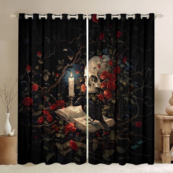 Homewish Halloween Sugar Skull Kitchen Curtains,Red Rose Black Out Curtains Pack of 2 (42x63 Each),Gothic Aesthetic Living Room Curtains