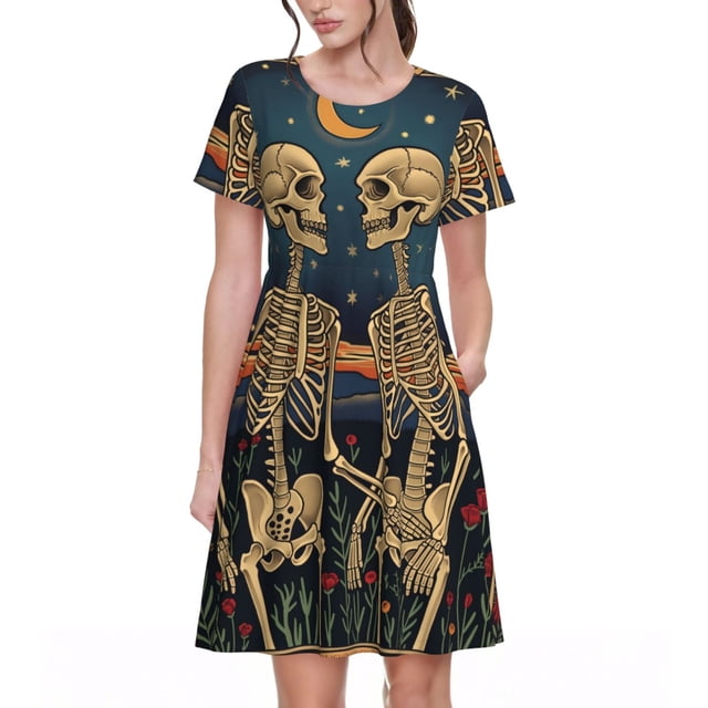 Balery Romantic Skeletons Under Moon Vestidos sueltos de manga corta para mujer, vestidos de verano 2025, vestidos casuales de corte A con vuelo.