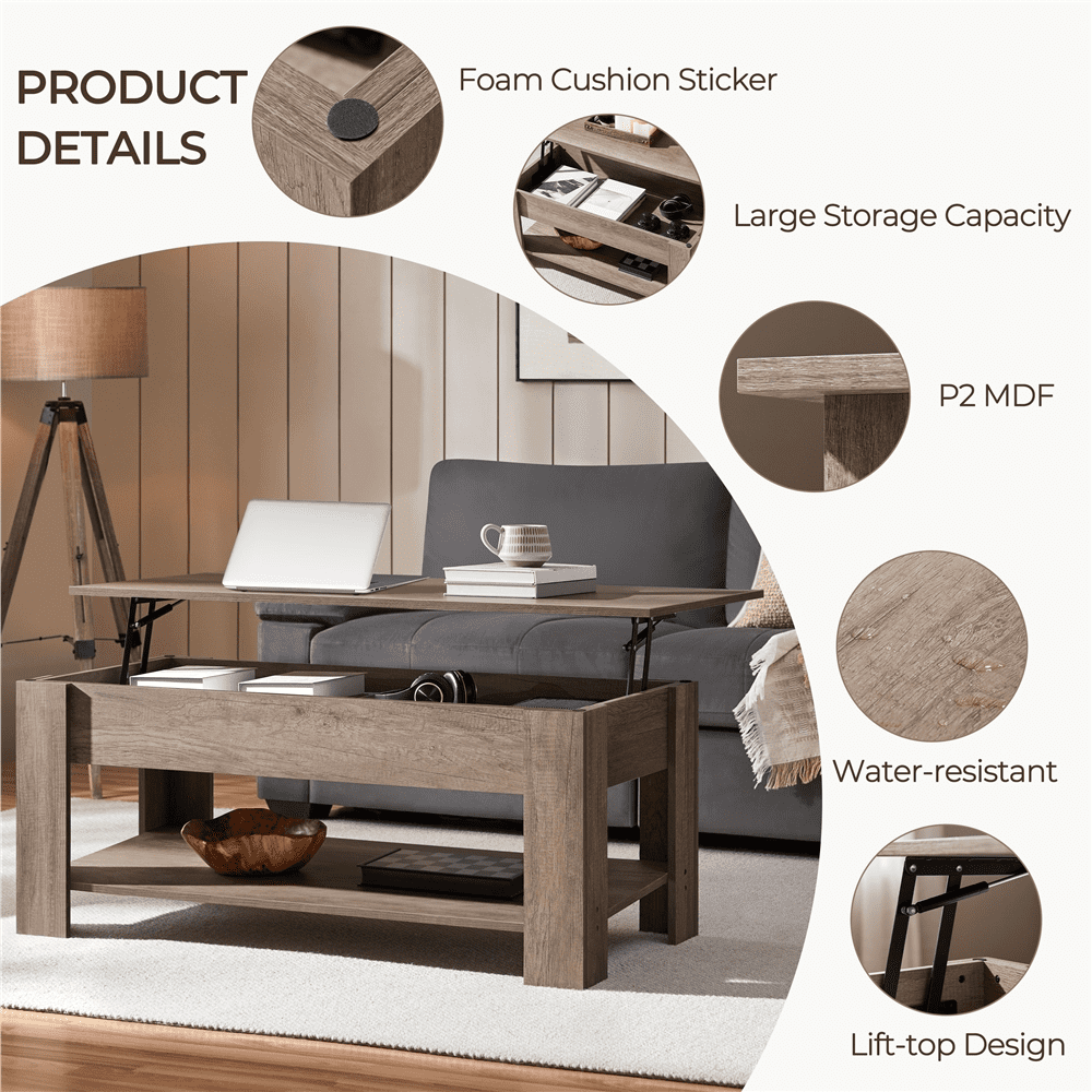 Yaheetech 47.5in Wooden Lift Top Coffee Table with Hidden Compartment for Living Room, Gray