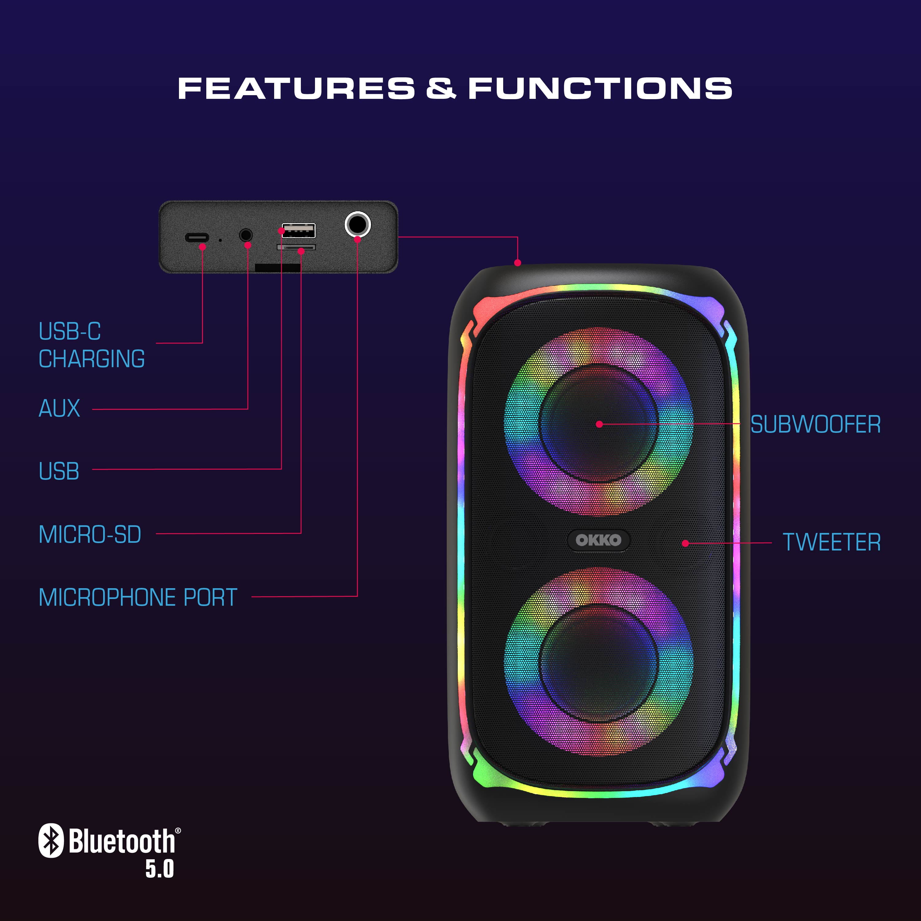 OKKO Sonic Bass V4 Portable Bluetooth Speaker – Wireless Party Speaker with Deep Bass, Karaoke Speaker with Microphone Port, LED Lights, Outdoor Portable Rechargeable Speaker