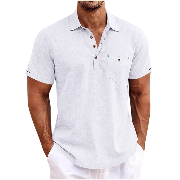 Blusa y camisa de manga corta con cuello vuelto para hombre, blusa informal de verano con solapa y botones de color liso, blusa para hombre