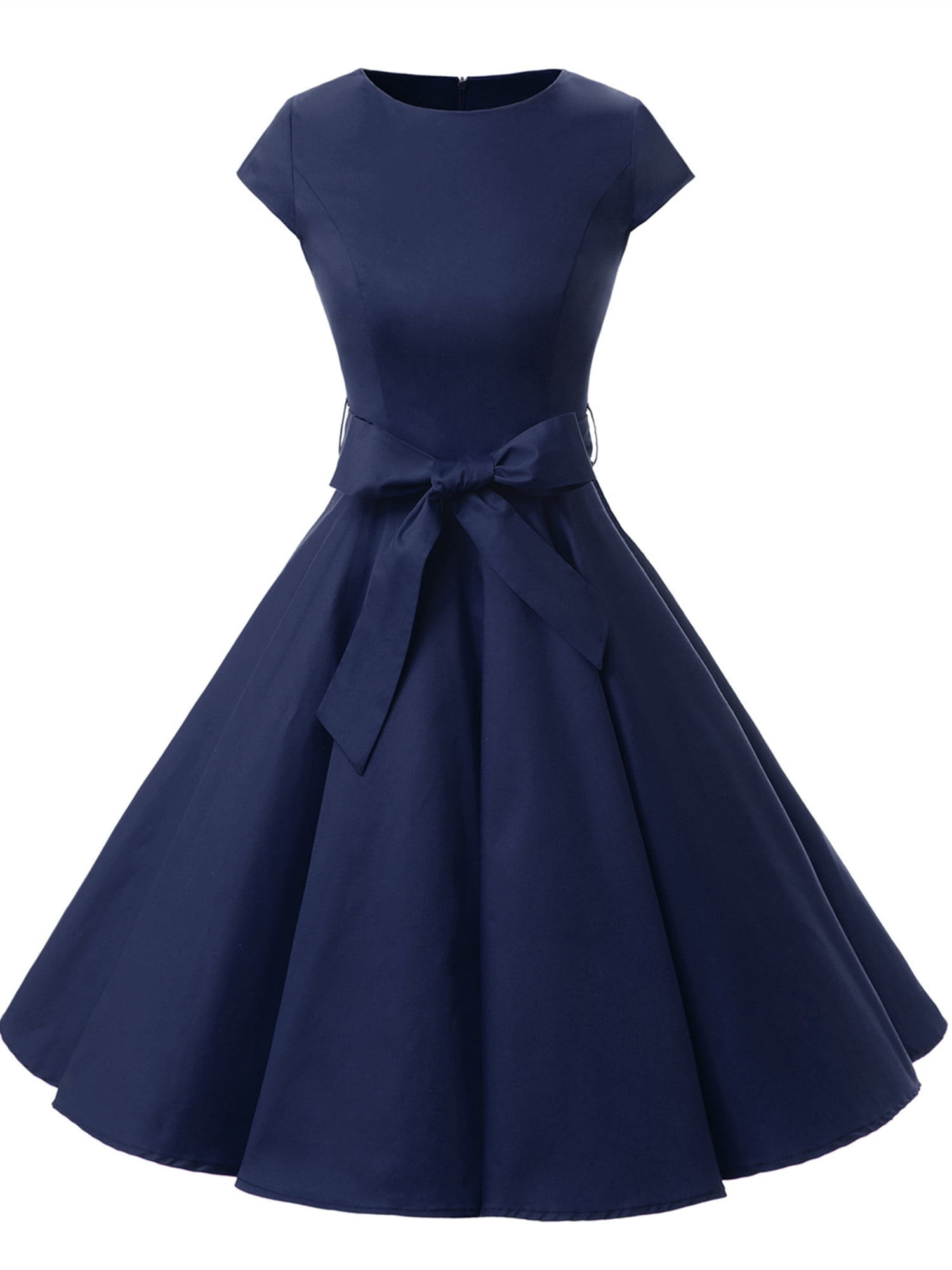 1950s Vintage Hepburn Cocktail Party Tea Dress with Ruffle Cap-Sleeves Solid Midi Dress RAINED-Women Swing A line Dress