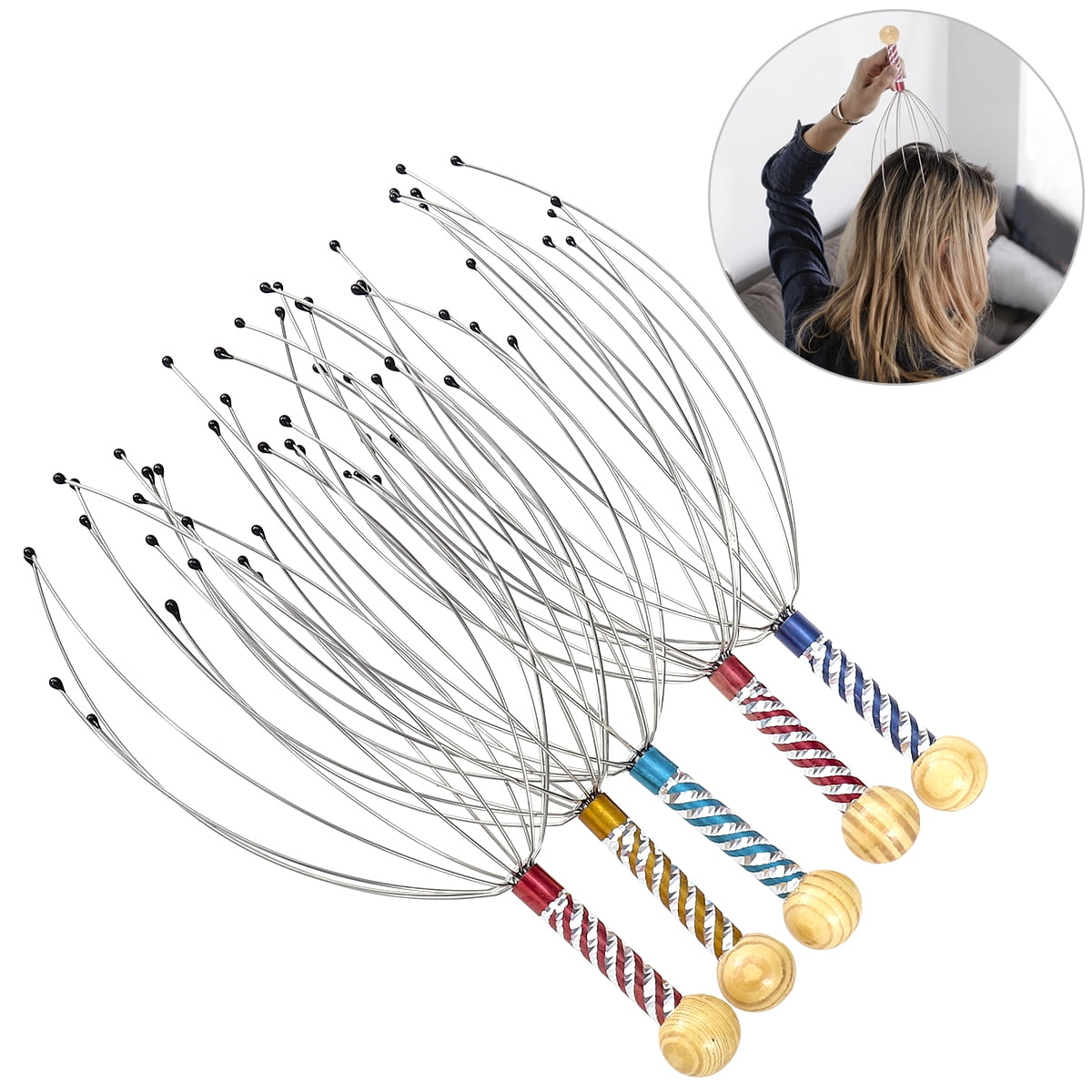 ROSENICE 5pcs Hand Held Scalp Massager Therapeutic Head Scratcher Steel Wire Head Massager with Wooden Handle for Home Spa Relie