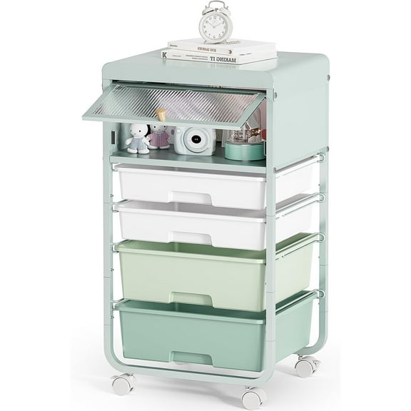Utility-Rolling-Storage-Drawer-Craft-Cart-Organizers with 4 Drawers & Dust-proof Door for Kid Craft Art Room,Bedroom,Home Office, 4 Tiers Drawer cart, Green