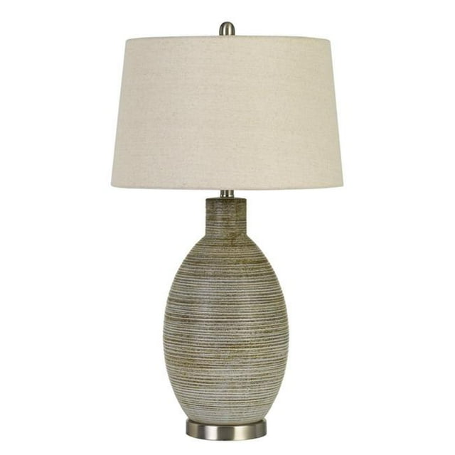 Benjara BM233488 30 in. Ceramic Table Lamp with Line Design Base, Beige & Gray