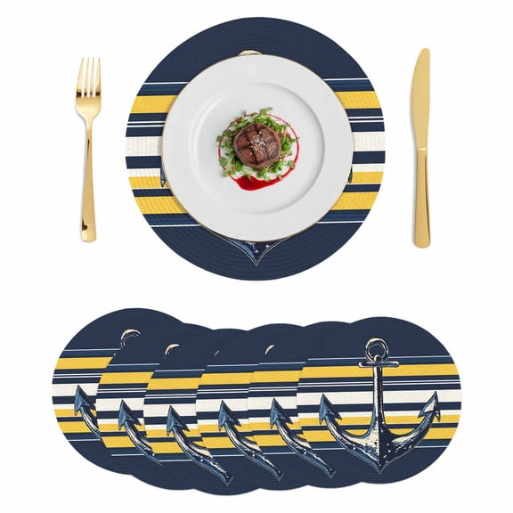 Nautical Anchor Round 13 Inch Placemats Set of 6, Navy Blue Yellow Striped Farmhouse Ombre HeatResistant Non Slip Place Mats for Dining Table, Wipeable Braided Kitchen Table Mats for Housewarming