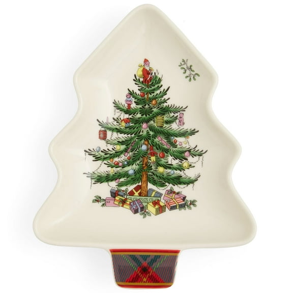 Spode Christmas Tree Tartan Spoon Rest, 7-Inch Tree-Shaped Holiday Utensil Holder, Festive Porcelain Spatula and Ladle Rest, Christmas Kitchen Counter Décor, Dishwasher & Microwave - Hostess Gift