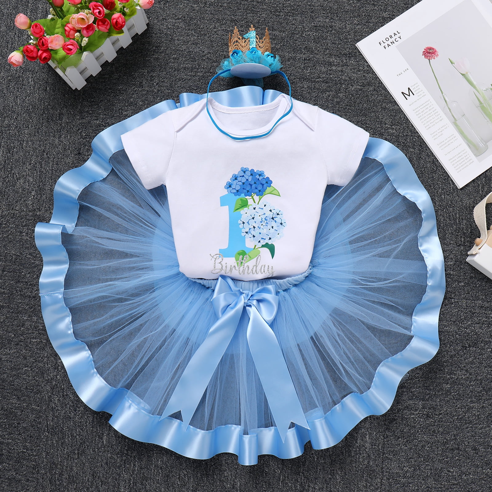 IBTOM CASTLE Infant Baby Girl One Year Old Birthday Outfit Floral Lace Party Cake Smash Romper + Tutu Skirt + Crown Clothes Set for Photo Shoot 1 Year Blue - Flower