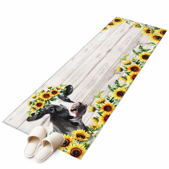 Runner Rugs 2x6 Ft, Farmhouse Cow Non Slip Area Rugs for Kitchen Bedroom Entryway, Pastoral Sunflower Botanical Gray Wooden Washable Carpet Runner Rug Floor Mats for Bedroom Home Decor