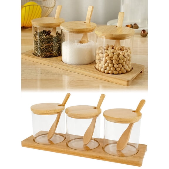 Qenwkxz 3pcs/set Condiment Jars Set Clear Glass Condiment Pot Set with Lids Spoons and Bamboo Tray Dust-Proof Seasoning Multipurpose Condiment Container for Salt Sugar Pepper
