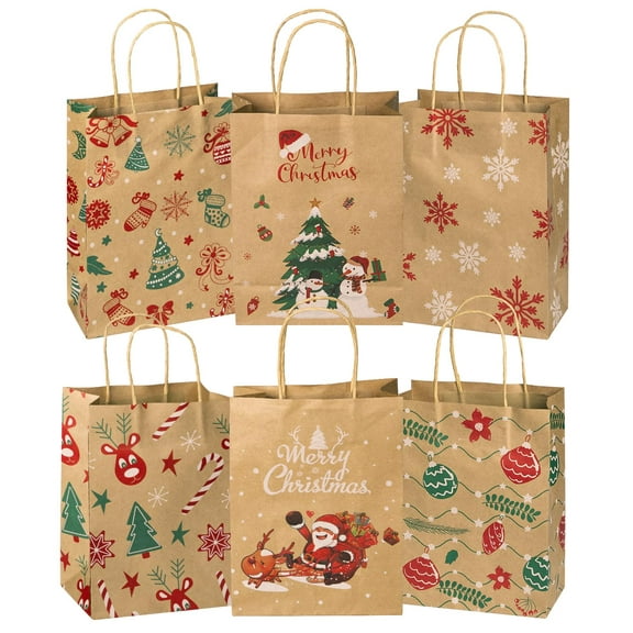 24Pcs Christmas Gift Bags with Handle 6 Designs Christmas Kraft Gift Bags Reusable Christmas Bags for Gifts Christmas Goody Bags Xmas Gift Bag for Holiday Party Favors Classrooms