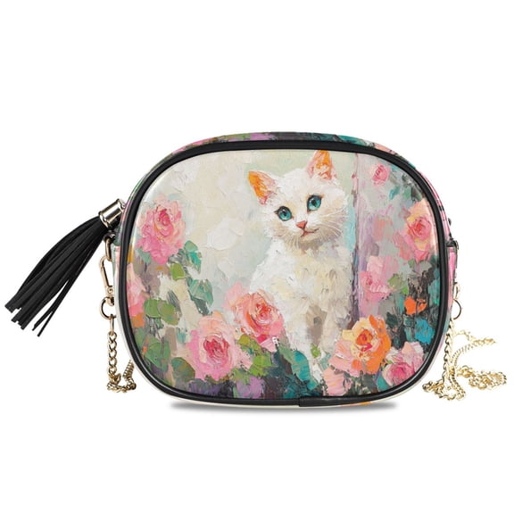 Womens Casual Chain Shoulder Bag Simple style Cat with Colorful Flowers Crossbody Bag