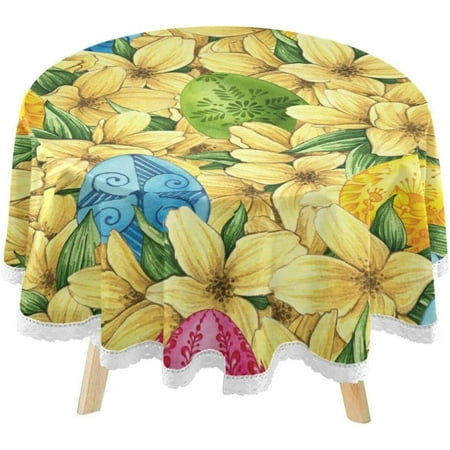 SKYSONIC Ornamental Easter Eggs Round Tablecloth 60inch Indoor Wrinkle Free, Floral Background Circular Lace Table Cover Washable for Kitchen Party BBQ Dining Decor