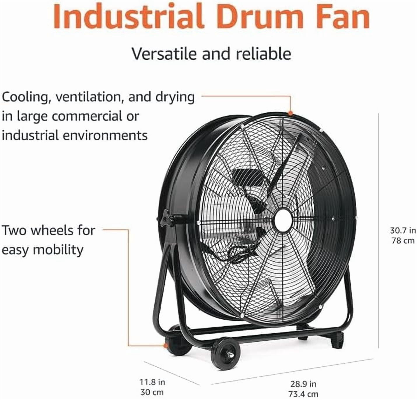 Drum Fan 24 Inch Heavy Duty Industrial Fan, High Velocity Shop Fan and Floor Fan with Aluminum Blades and Copper Motor for Warehouse Workshop Garage, Black