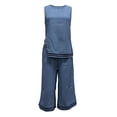 thumbnail image 5 of Womens Casual Two Piece Outfit Round Neck Sleeveless Top Elastic Waist Culotte Pants with Pockets Cotton Blend Vacation Set Blue XL(XL), 5 of 5