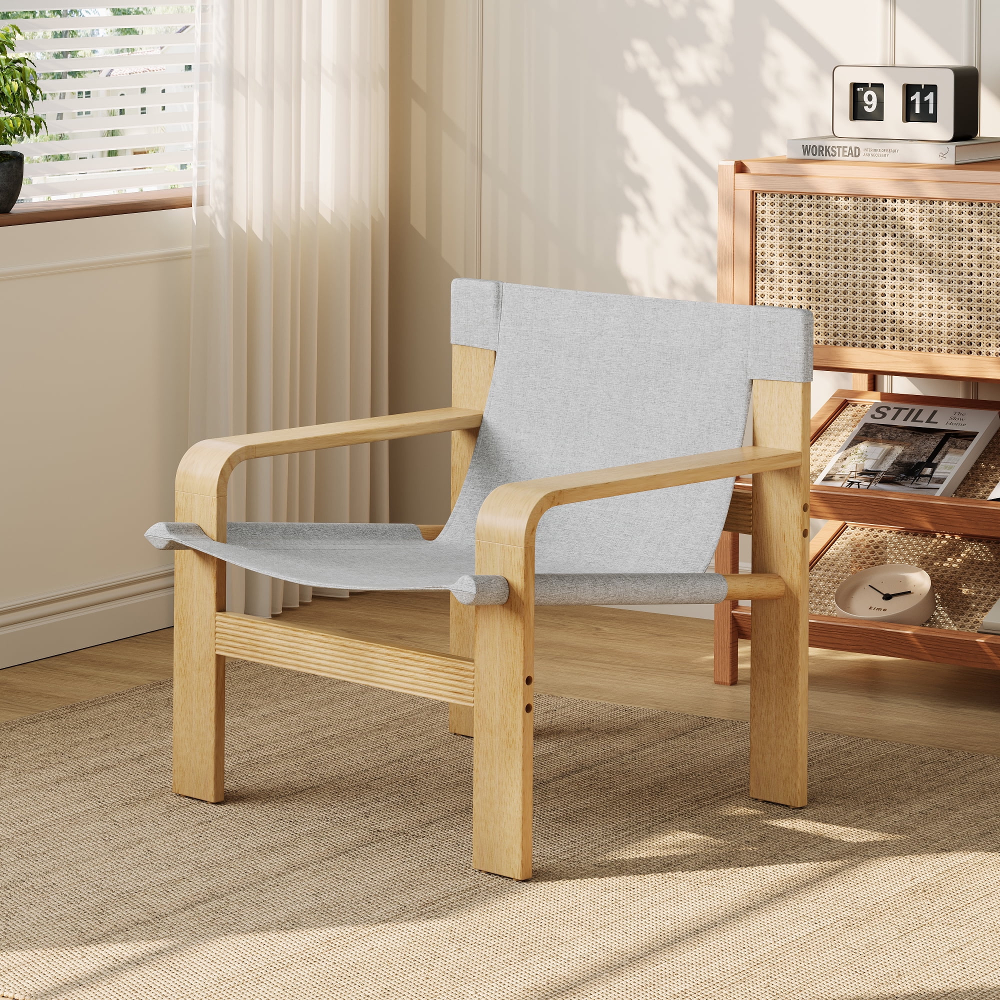 MOONMISS Modern Accent Chair Solid Wood Frame Linen Fabric Detachable Wide Armrest for Living Room Bedroom,Light Grey