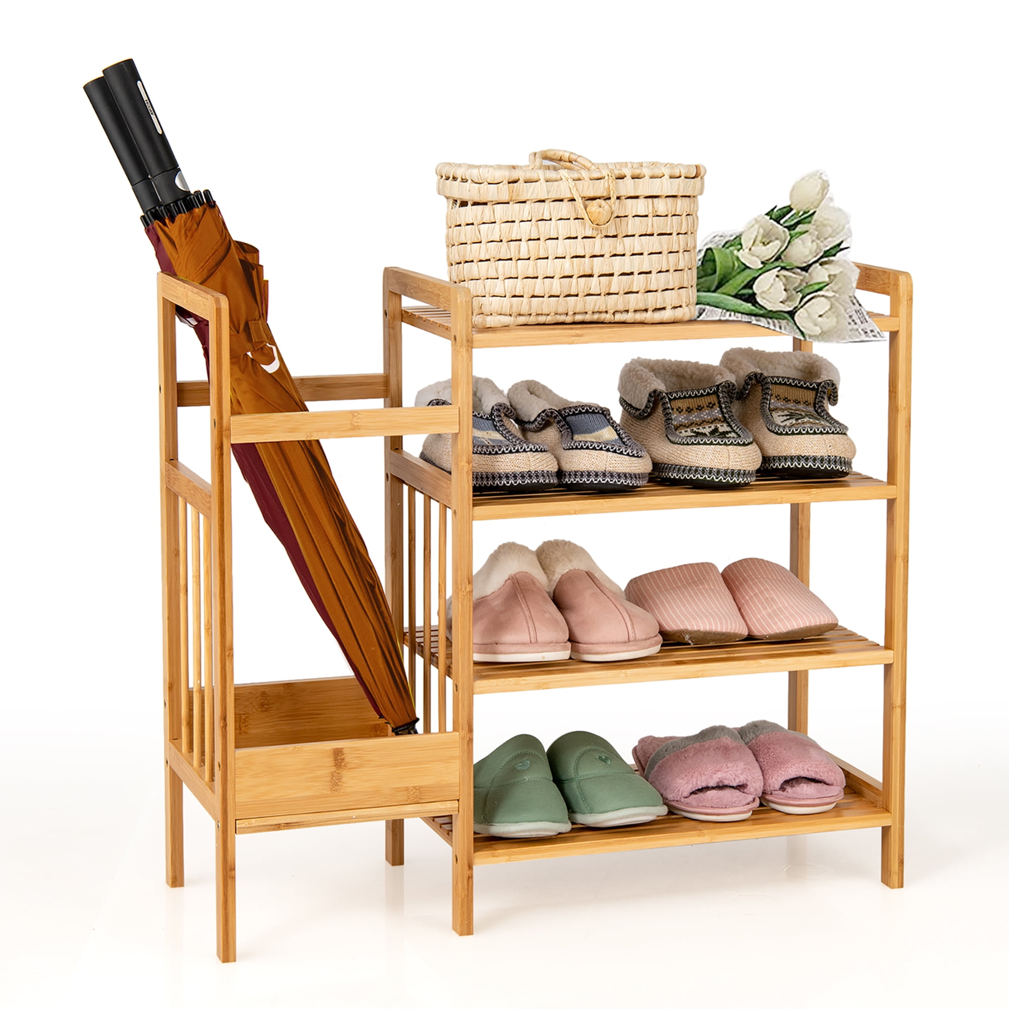 Small 4 Tier Wooden Shoe Storage Shelf Rack W Handles Bamboo Wood Hallway Stairs 