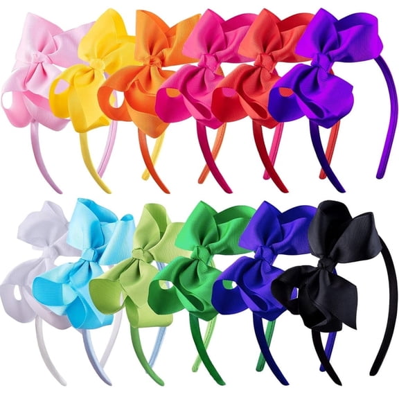 12 Pack Colorful Grosgrain Bow Headbands for Girls, Soft Elastic Hair Bands for School, Parties, Photoshoots
