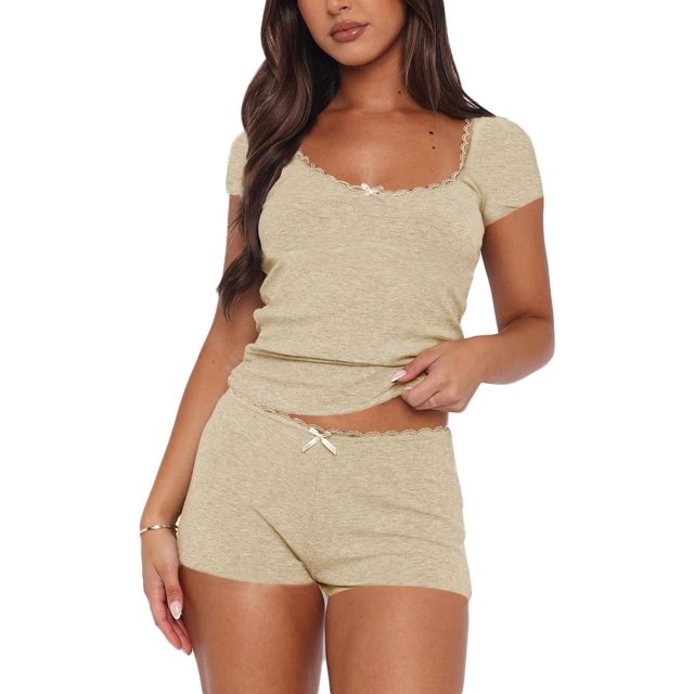 COONLYU Womens Two Piece Pajama Sets Ribbed Lace Square Neck Top and Shorts Matching Set Loungewear PJ Set Outfits