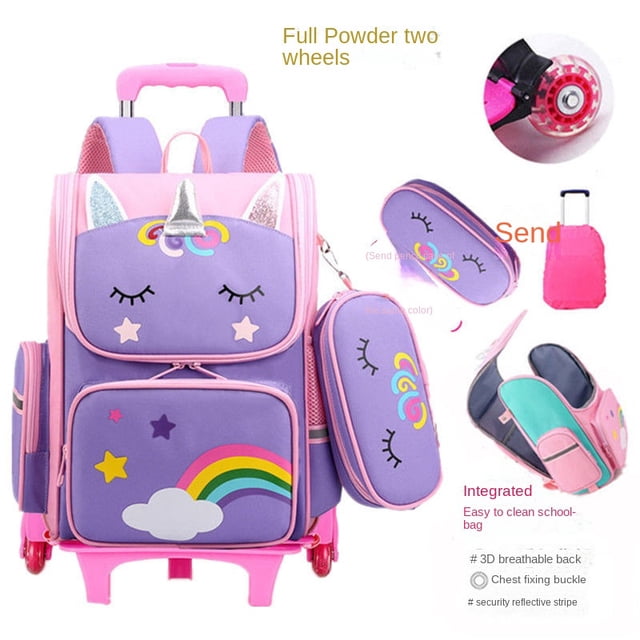 mochila escolar el mercado de encantos unicornio para estudiantes de primaria grado 1-6 impermeable con carro: vista frontal de mochila morada y rosa con asa telescópica y ruedas; silueta grande (43 x 32 x 19 cm) con bolsillo frontal estampado de arcoíris y nube, bolsillo superior con cuerno y orejas, laterales de malla, incluye estuche y bolsa pequeña a juego; tela Oxford/poliéster, panel trasero acolchado, tirantes ajustables, advertencia reflectante y diseño de reducción de carga. Apta para uso escolar y a menudo usada como bolsa ligera para salidas.