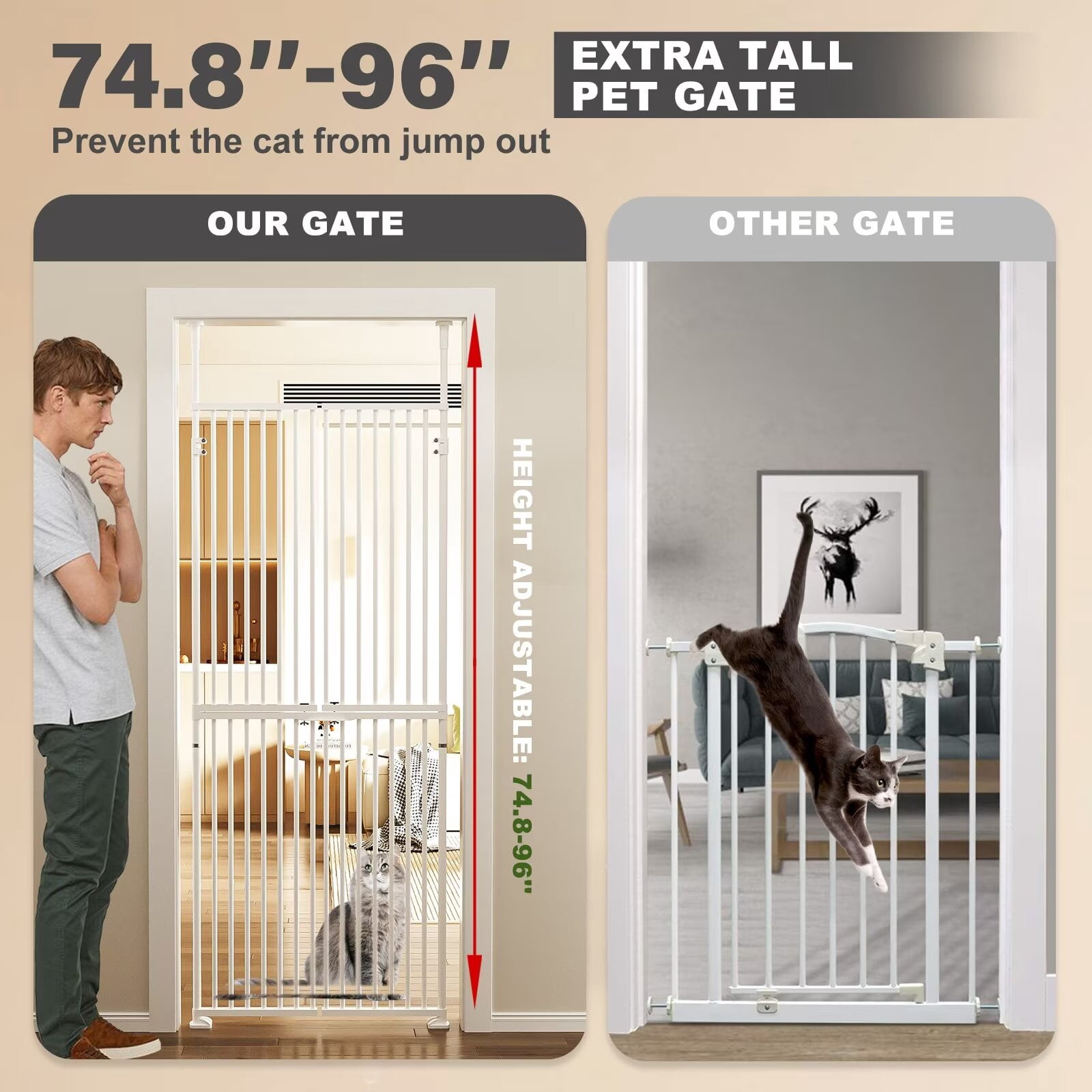 Lilypelle Extra Tall Steel Pet Gate, Adjustable 33.4-35.8 Inch Wide, 74.8-96.5 Inch Tall, Pressure Mounted, Walk-Through Swing