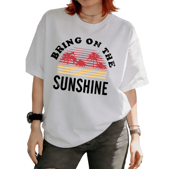 Cozymy Women's Bring On The Sunshine Palm Tree Retro Sunset Graphic Short Sleeve T-Shirt Relaxed Fit Casual Tees